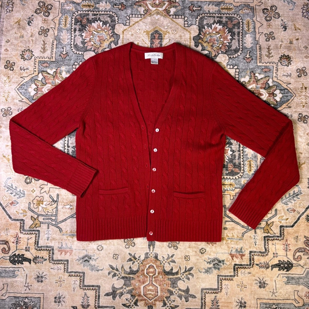 Brooks Brothers Red Wool Cashmere Blend Cable Knit Cardigan Sweater Large Fall